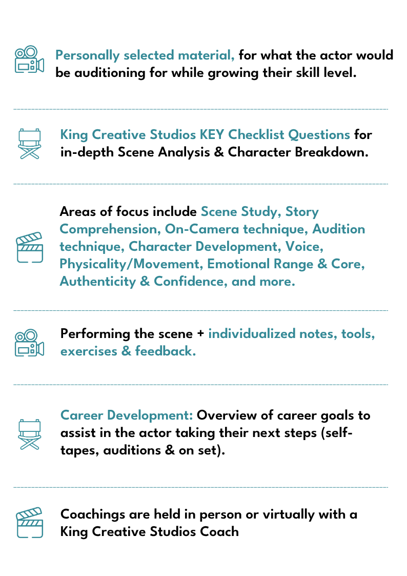Image contains in-depth information related to King Creative Studios' Private Classes: Personally selected material, for what the actor would be auditioning for while growing their skill level, King Creative Studios KEY Checklist Questions for in-depth Scene Analysis & Character Breakdown, Areas of focus include Scene Study, Story Comprehension, On-Camera technique, Audition technique, Character Development, Voice, Physicality/Movement, Emotional Range & Core, Authenticity & Confidence, and more, Performing the scene + individualized notes, tools, exercises & feedback, Career Development: Overview of career goals to assist in the actor taking their next steps (self-tapes, auditions & on set), Coachings are held virtually with a King Creative Studios Coach.